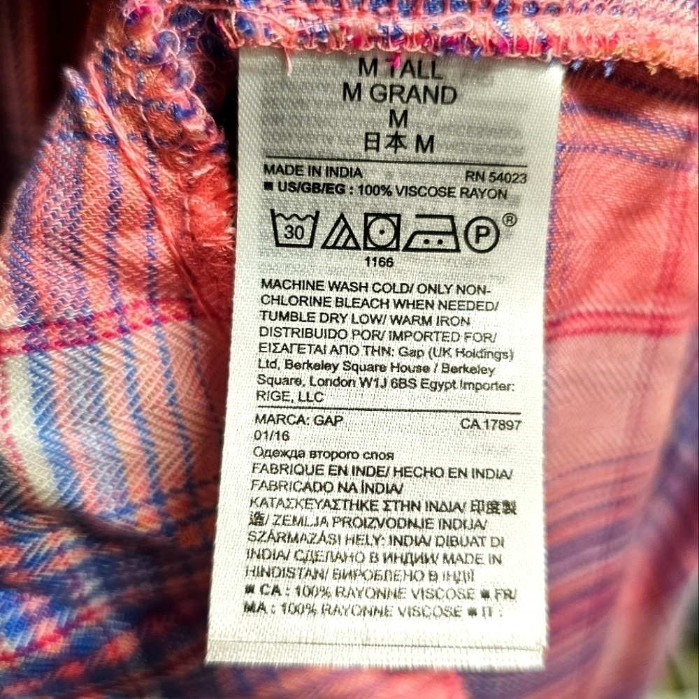 GAP Pink Plaid Button Up Shirtdress Size Medium Tall Belted Lightweight Rayon - Picture 9 of 9